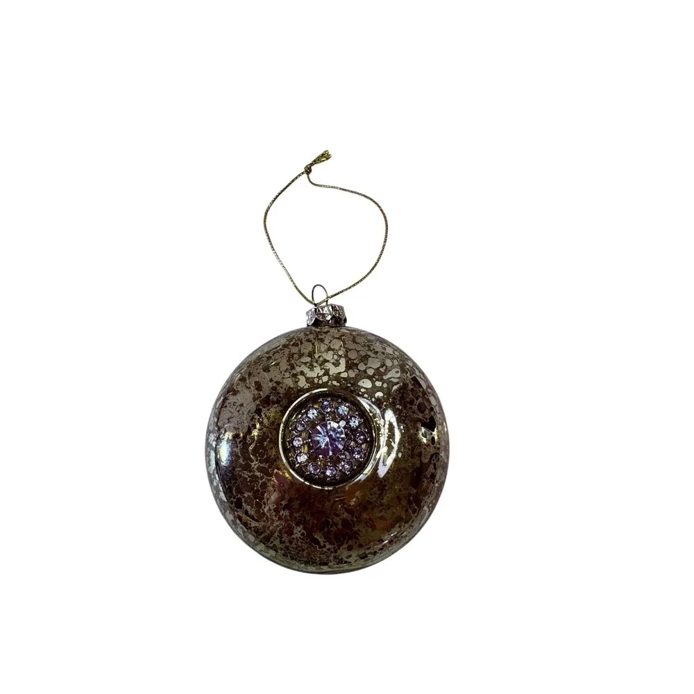 Vintage Gold Mercury Glass Rhinestone Medallion Christmas Ornament 4‎ Inch Disc